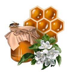 honey composition. watercolor realistic illustration of honey, flowers, honeycombs and bees