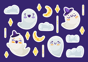 Cool vector set of Halloween holiday stickers and icons. Cute kawaii cartoon halloween ghosts with moon, clouds and stars. Pack of vintage 3D retro badges, pins and patches for print, decor, textiles