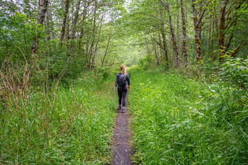 An adventurous athletic female hiker, hiking down a hiking trail surrounded by tall grass in the Pacific Northwest.
