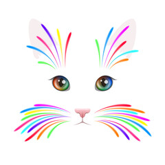 Cat face with colorful eyes and bright colored vibrissae