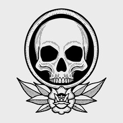 Skull flowers doodle black and white illustration hand drawn vector 