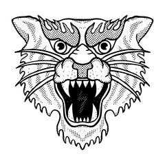Vintage big cat doodle black and white illustration hand drawn vector 