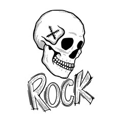 Skull rock doodle black and white illustration hand drawn vector 