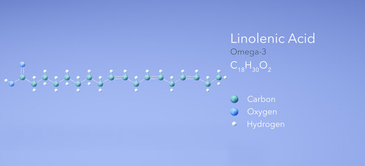 linolenic acid, omega-3. Molecular structure 3d rendering, Structural Chemical Formula and Atoms with Color Coding - obrazy, fototapety, plakaty