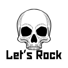 Skull lets rock doodle black and white illustration hand drawn vector 