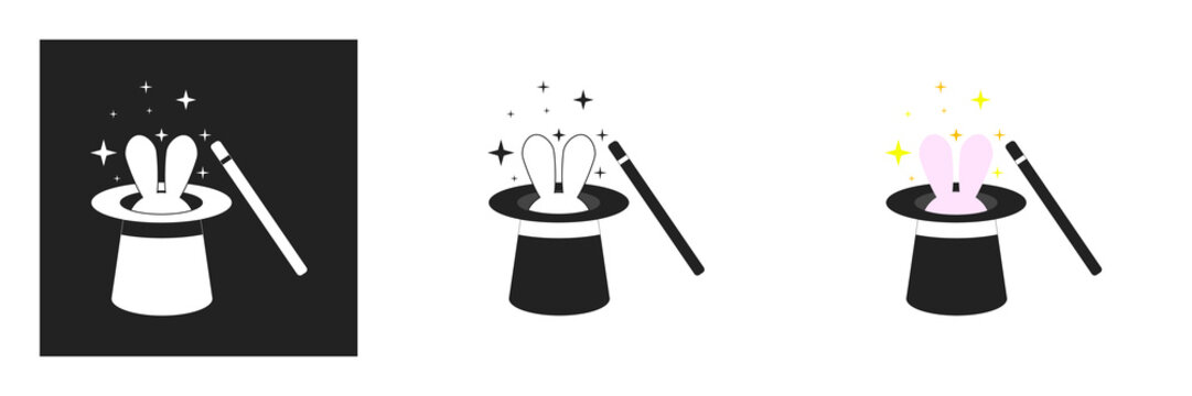 magician hat icon with magic wand and rabbit. Symbol of magic, focus
