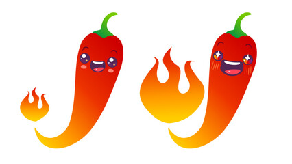 Vector illustration of chilli pepper and flame in kawaii style.