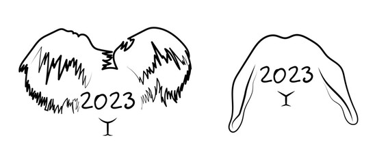 A linear sketch of the drawing of the inscription 2023 and a contour silhouette of a hare; rabbit; a solid continuous line.