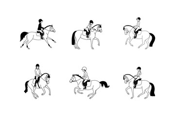Set of cute young pony riders, black and white vector illustration