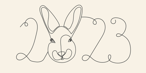A linear sketch of the drawing of the inscription 2023 and a contour silhouette of a hare; rabbit; a solid continuous line.