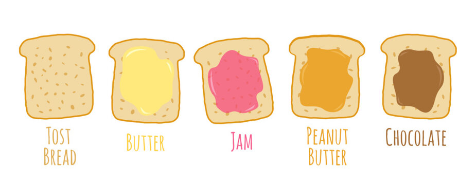 Vector set icons of tost bread with different toppings. Vector illustration of tost breads with butter, peanut butter, jam and chocolate paste.