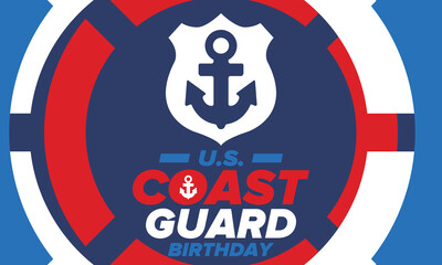 Obraz premium U.S. Coast Guard Birthday in United States. Federal holiday, celebrated annual in August 4. Sea style. Design with anchor and shield. Patriotic element. Poster, greeting card, banner and background