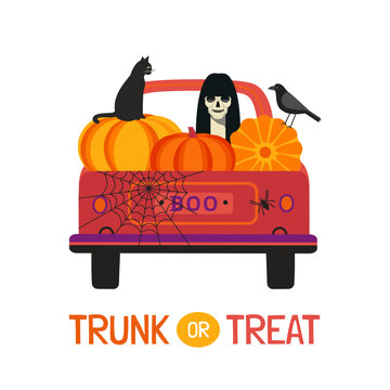 Fancy Halloween Trunk or Treat flat vector poster. Holiday truck with scary ghost, pumpkins, black cat, crow cartoon design element. Happy Halloween holiday fun event spooky background illustration