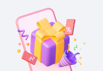 Pink coupons with gift on mobile phone and party popper. Big sale on mobile. The concept of a holiday sale. 3d rendering