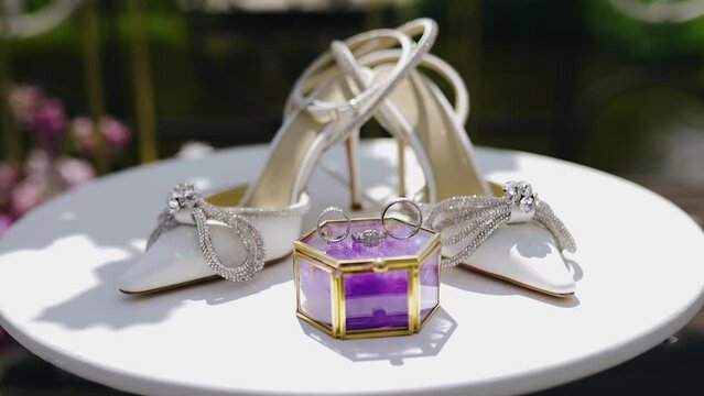 Close-up of wedding rings on a jewelry box and shoes in the background. Cool holiday items