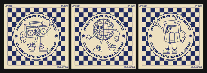 90s retro disco cartoon characters. Fashion vintage poster. funny characters in doodle style, disco ball, vinyl, tape recorder, cocktail. Vector illustration with typography elements © Limpreom