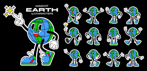 Cartoon retro character planet earth mascot, and gloved hands. Stickers with a cute and happy character, 90s style. Helper vector set © Limpreom
