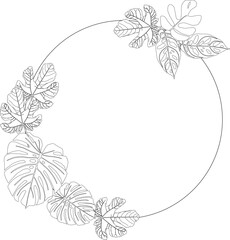 Lineart tropical plants with circle frame for text. Vector illustration.
