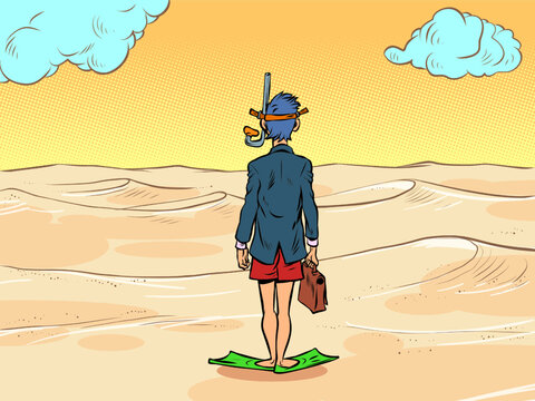 a businessman in a scuba diving mask stands in front of the desert sands, there is no water. Global warming ecology concept