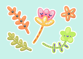 Bright floral vector set of icons, stickers and patches. Kawaii pastel flowers with petals, twigs and leaves. Bright vintage 3D retro pins and badges for decoration, print, gifts, textiles