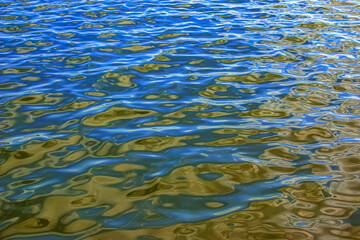 Water ripple texture background. Wavy water surface during sunset, golden light reflecting in water.