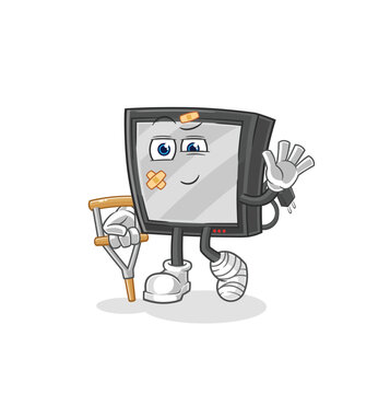 tv sick with limping stick. cartoon mascot vector