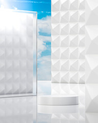 White podium stage stand on open blue sky abstract background for product placement 3d render 