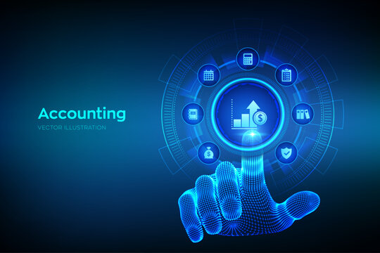 Accounting. Accountancy service. Banking Calculation. Financial analysis, investments and business consulting concept. Online banking. Wireframe hand touching digital interface. Vector illustration.