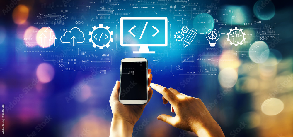 Wall mural web development concept with person using a smartphone