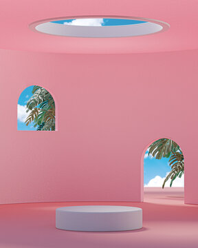 White and pink podium stage stand on cylindrical architecture blue sky background for product placement 3d render 