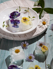 Obraz na płótnie Canvas Ice cubes with beautiful summer flowers on the saucer and the table