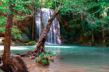 Erawan waterfall with tree rainforest beautiful nature in Thailand
