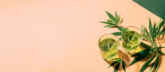 SBD hemp drink different glass glasses, creative green hard shadow background, cocktail of cannabis