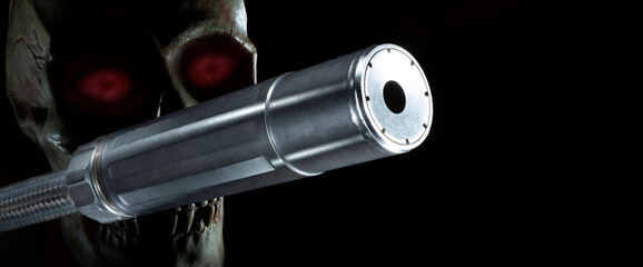 Skull with red eyes and a silencer