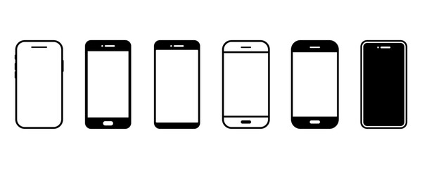 Set of mobile phone vector icons. Smartphone, phone, telephone, cellphone black icons. Modern device. Blank or empty pictogram. 