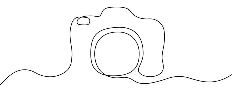 One continuous line camera. Hand drawing of camera. Modern linear style. Vector background.
