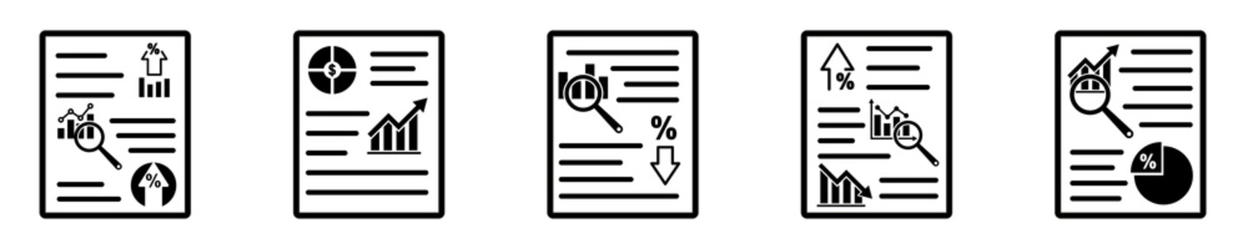 Set of Business reports vector icons. Financial audit. Finance analysis, graph, plan. Business analytics. Financial market. Web icons.