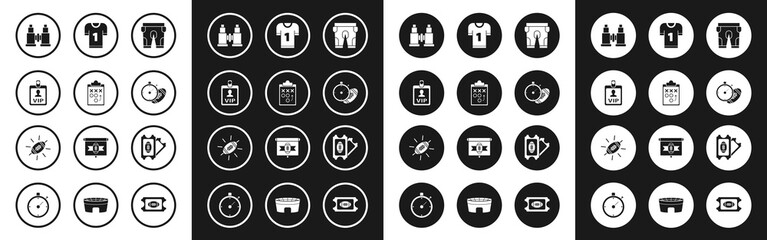 Fototapeta premium Set American football shorts, Planning strategy concept, VIP badge, Binoculars, Football and stopwatch, jersey, ticket and icon. Vector