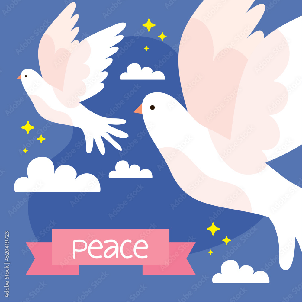 Poster peace lettering in ribbon with doves