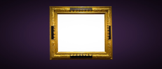 Antique art fair gallery frame on royal purple wall at auction house or museum exhibition, blank...