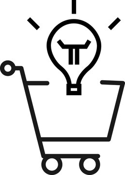 Selling, purchase, shopping concept. Vector sign suitable for web sites, stores, shops, articles, books. Editable stroke. Line icon of light bulb in shopping cart
