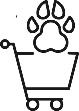 Selling, purchase, shopping concept. Vector sign for web sites, stores, shops, articles, books. Editable stroke. Line icon of pets paw in shopping cart