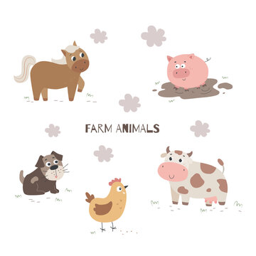 Cute farm animals. Flat vector illustration of horse, dog, chicken, cow and pig. Hand drawn cliparts for kids design. 
