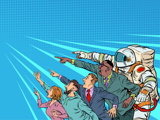 People point with their hand. Template advertising announcement news sale. Businessman woman man astronaut Pop art style