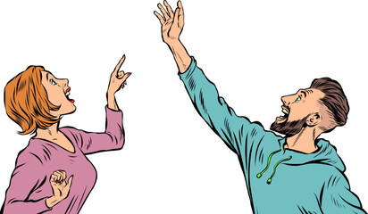 woman and man couple People point with their hand. Template advertising announcement news sale. Pop art style