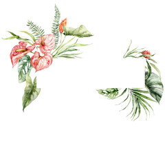 Fototapeta na wymiar Watercolor tropical flowers frame of anthurium, monstera and banana. Hand painted floral border isolated on white background. Holiday Illustration for design, print, fabric or background.