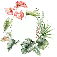 Fototapeta premium Watercolor tropical flowers frame of anthurium, monstera and fern. Hand painted floral border isolated on white background. Holiday Illustration for design, print, fabric or background.