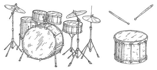 Drum kit set. Vintage black engraving illustration