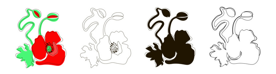 Set of four poppy illustrations in line, doodle, black silhouette, and outline styles. Flowering poppy with seeds. Summer Flower. Vector illustration, isolated on white background