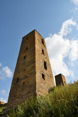 Tower of old village Goor in Dagestan, Russia. Panoramic view of the ancient Goor settlement